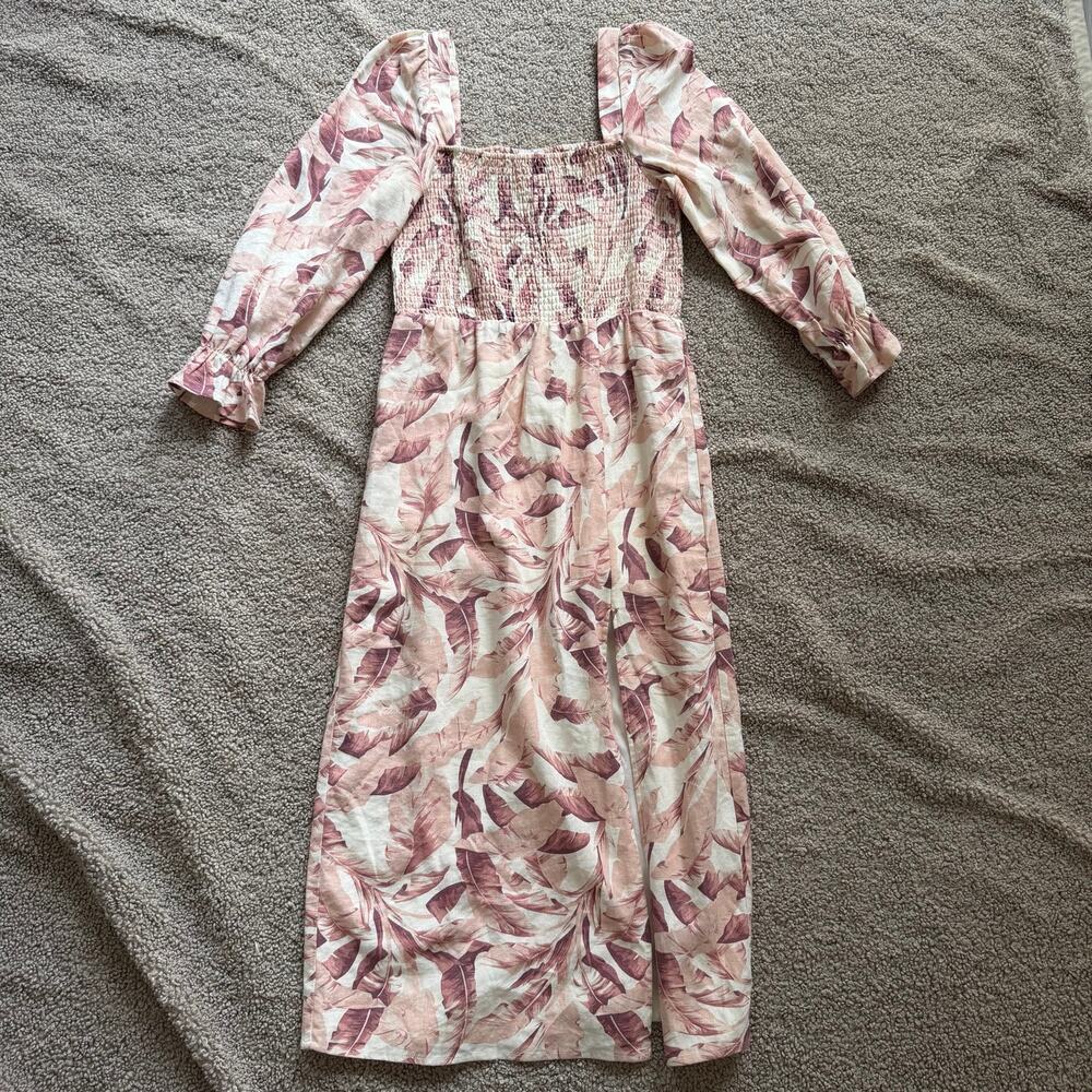 HOUSE OF HARLOW 1960 Linen Blend Floral‎ Smocked Square Neck Puff Sleeve Dress